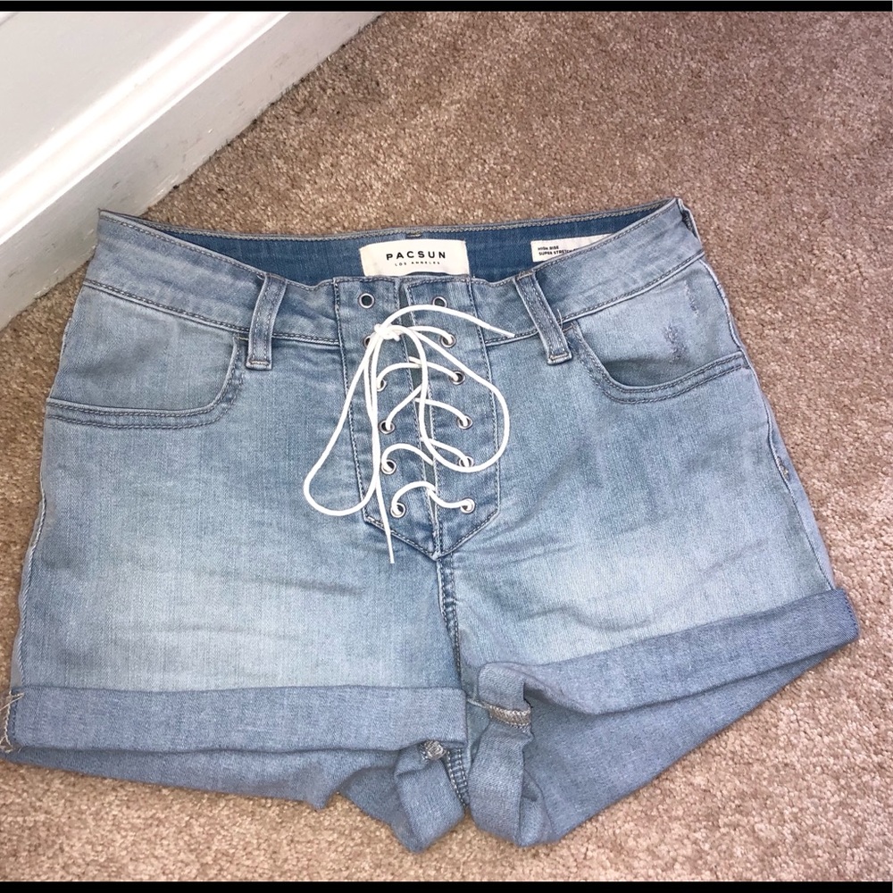 High rise stretchy comfortable jean tie up shorts